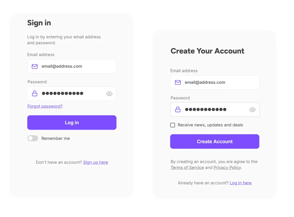 Example login and signup form representing VPN portal authentication