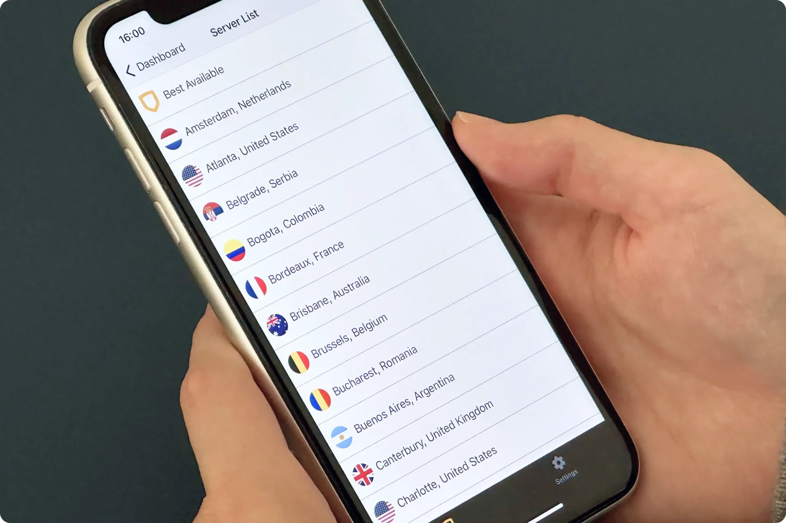 StrongVPN’s server list on iOS