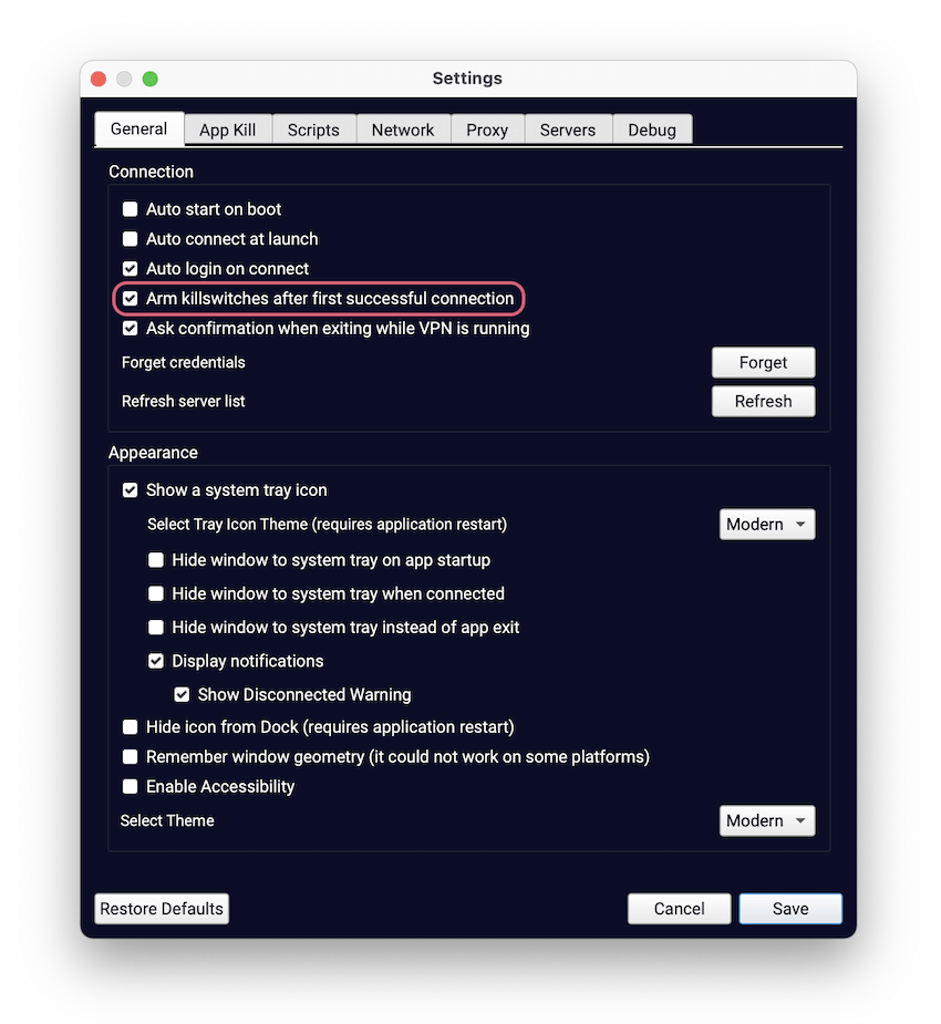 TorGuard has a defunct kill switch option under General