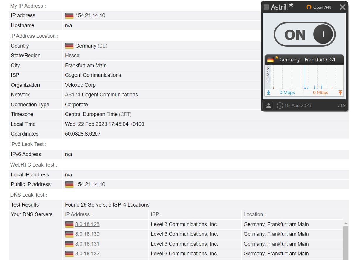 Astrill VPN didn’t leak our IP address, WebRTC, or DNS.