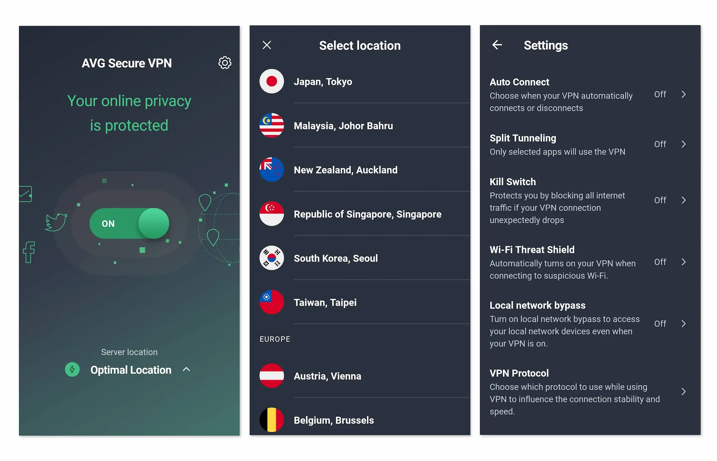 AVG Secure VPN on Android consists of three windows
