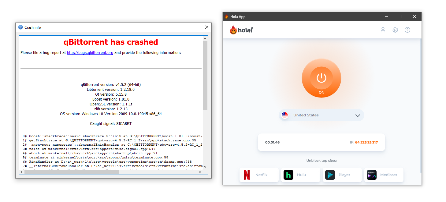 Hola VPN crashed our qBittorrent client immediately Hola VPN crashed our qBittorrent client immediately