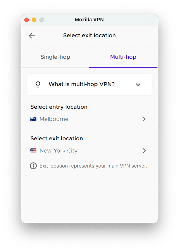 Double VPN (called multi-hop in the Mozilla VPN app)