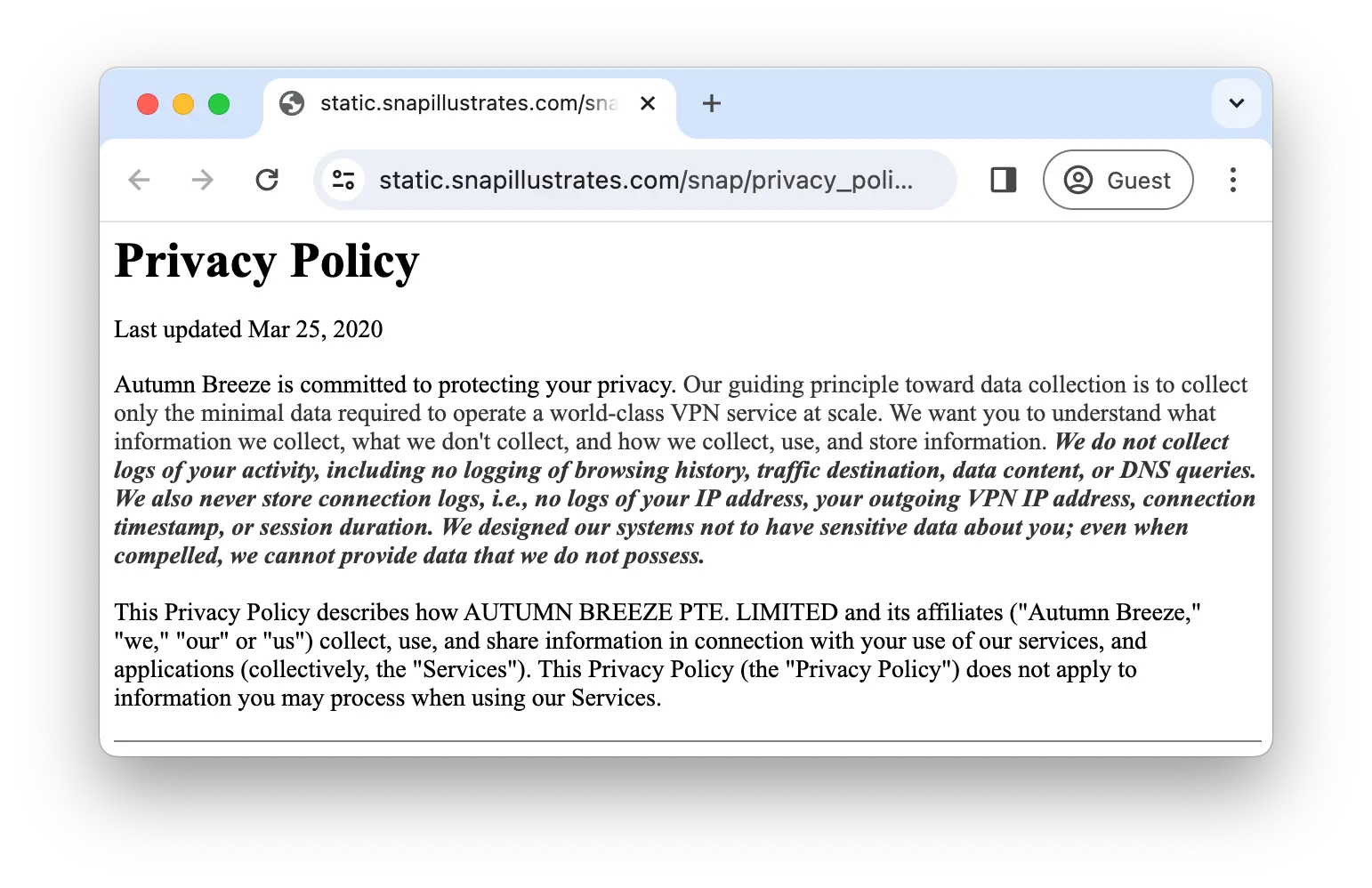 Snap VPN's full privacy policy
