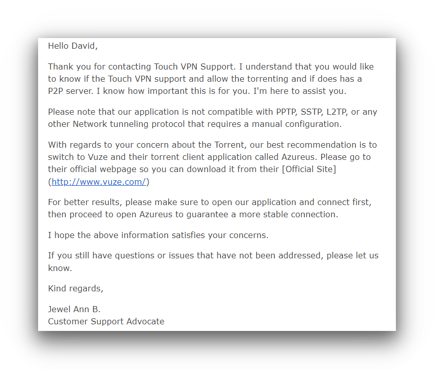 Touch VPN claims it supports torrenting 