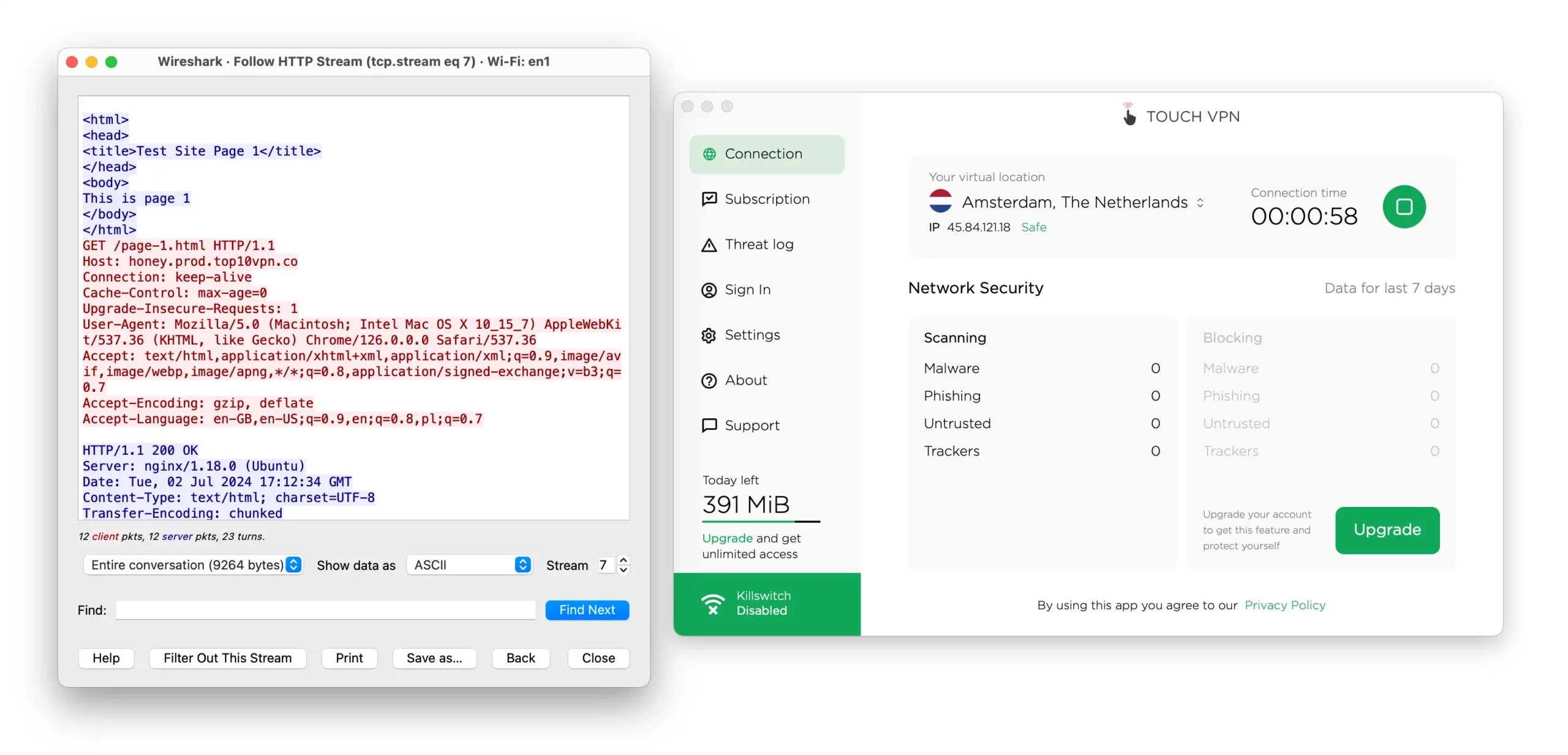Touch VPN left our internet traffic visible