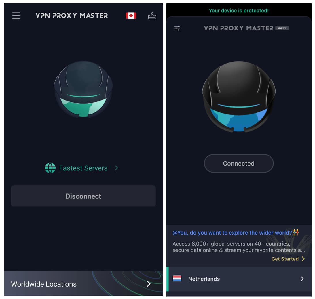 VPN Proxy Master on Android (left) and iOS (right) 