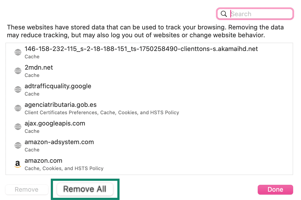 Remove All to clear cookies and cache Remove All to clear cookies and cache